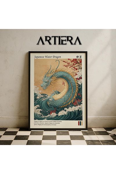 HİGUERA Dragonul de apă japonez – Pictură murală cu cadru din lemn natural Dragonul de artă japonez modern