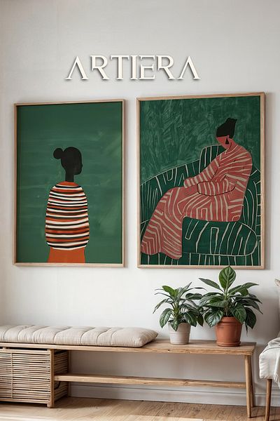HİGUERA Fundal verde smarald și ținute în dungi Pictură în ulei Feel Dual Wood Framed Wall Painting