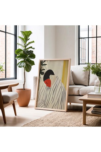 HİGUERA Portret elegant în dungi Minimal și modern Art Touch Pictură într-un cadru din lemn natural