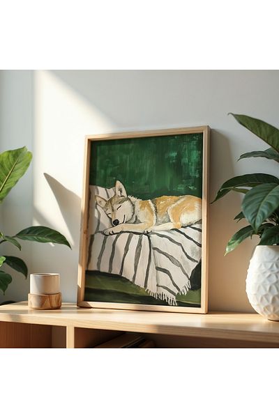 HİGUERA Wolf Dog Sleep Peace Pictură de perete cu cadru din lemn natural – Artă naturală la atingere