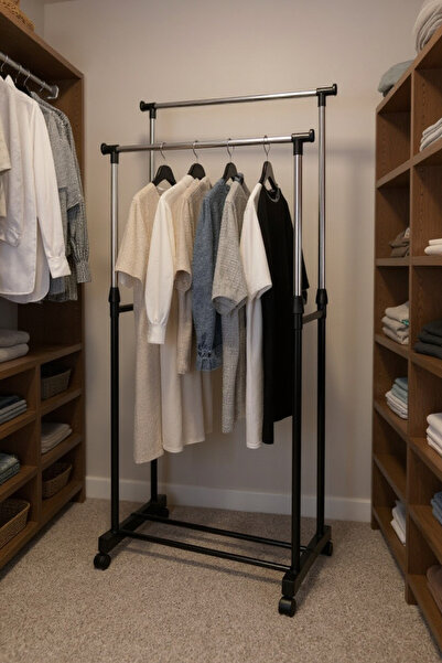 The Living Metal Clothes Hanger and Double Clothes Rack Black ، 160 cm* 75 cm