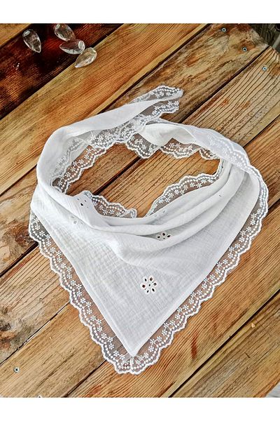 Mufincollection White Muslin Bandana with Self-Tie Lace |   100% Cotton