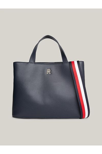 Tommy Hilfiger Women's Leather Brand Logo Zippered Daily Use Navy Blue Shoulder Bag AW0AW16075-DW6