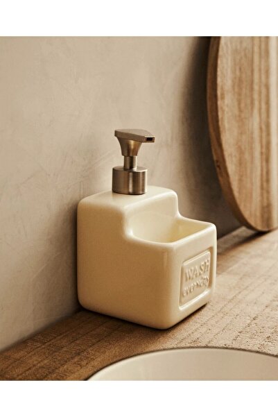 MAKRİ HOME Şık ve Pratik Seramik Süngerlikli Sıvı Sabunluk/Deterjanlık, Krem, 500 ml