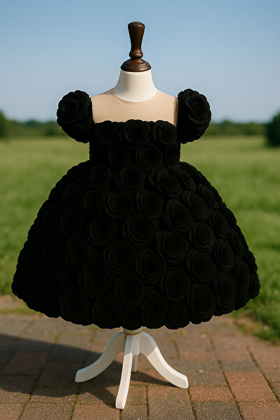 MUSGEM Özel Tasarım Gül Çiçek Detaylı Siyah Renk Kız Çocuk Abiye Elbise