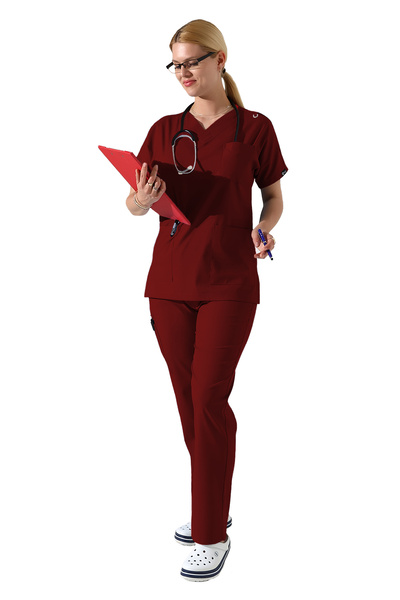 BEDUCA Bordo Likralı Dr Greys V yaka Yarasa Kol Hemşire Üniforma Takımı, Büyü...