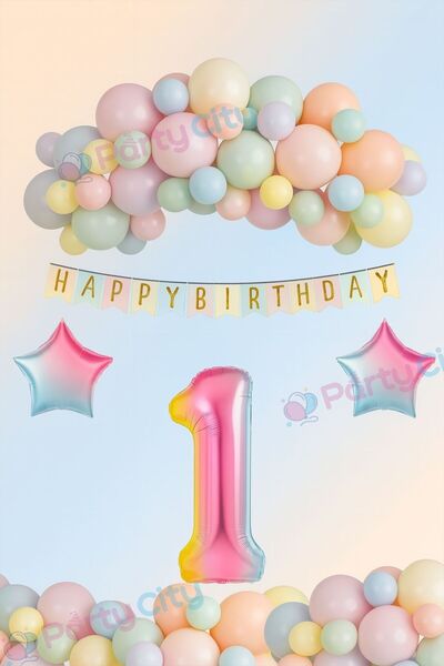 Party City 1 Yaş Doğum Günü Süsleme Seti | 50 Makaron Soft Balon Gökkuşağı Ra...