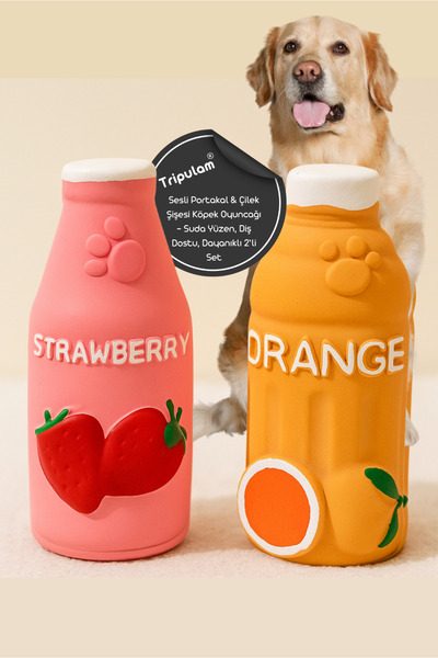 TRİPULAM Sesli Portakal & Çilek Şişesi Öten Köpek Oyuncağı – Diş Dostu, Dayanıklı 2’li Set