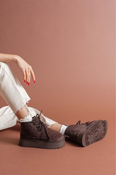 Esilapark Γυναικείες μπότες Teddy με χοντρή σόλα κρεμ γούνας αυθεντικές σουέτ μπότες