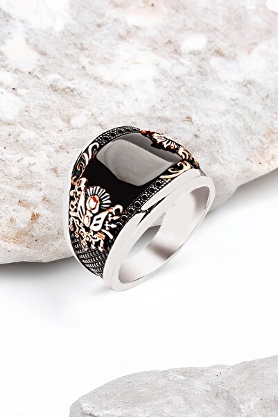 Silverplus ​​​Gümüş Özel Kesim Onix Osmanlı Armalı Erkek Yüzük