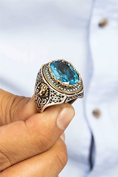 Silverplus Aqua Taşlı Aslan Armalı Gümüş Erkek Yüzük