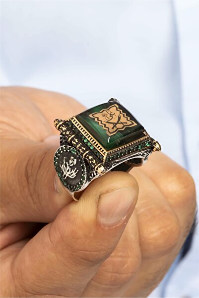 Silverplus Sıkma Kehribar Taşlı Çift Kılıç Zülfikar Gümüş Erkek Yüzük