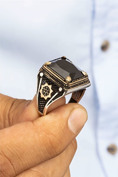 Silverplus Dikdörtgen Siyah Oniks Taşlı Yıldız Desenli Gümüş Erkek Yüzük