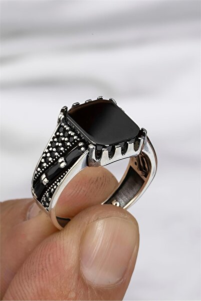 Silverplus Baget ve Oniks Taşlı Gümüş Serçe Parmak Erkek Yüzük
