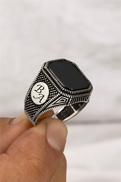 Silverplus Oniks Taşlı Çift Tarafı Harfli Hasır Model Gümüş Erkek Yüzük