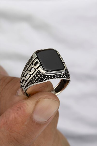 Silverplus Zincir Desenli Oniks Taşlı Gümüş Erkek Yüzük
