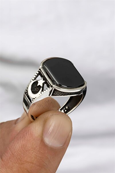 Silverplus Ay Yıldız Motifli Oniks Gümüş Erkek Yüzük