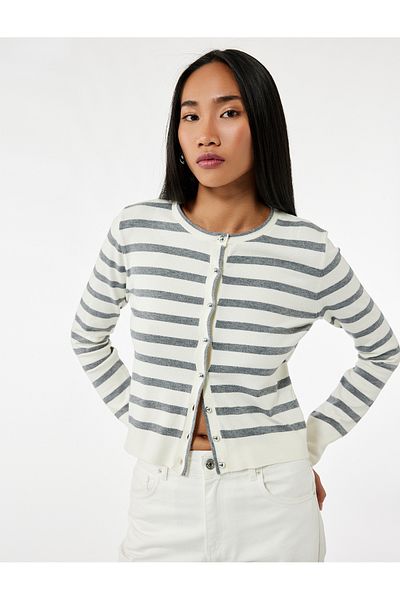Koton Long Sleeve Crew Neck Striped Knitwear Cardigan