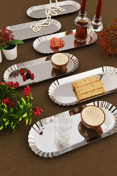 AKSESUAR EVRENİ Davin Decorative Stainless Oval Serrated Edges 6-Piece Presentation Tray