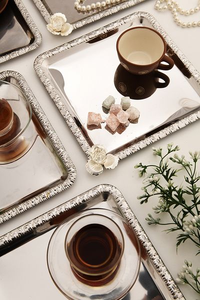 AKSESUAR EVRENİ Argento Stainless Silver Square Patterned 6 Presentation Tray with Stones