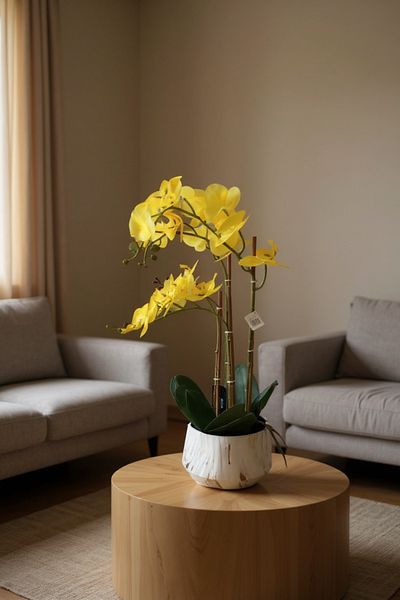Living Yellow artificial orchids, multi-branch, white pot, height 69 cm