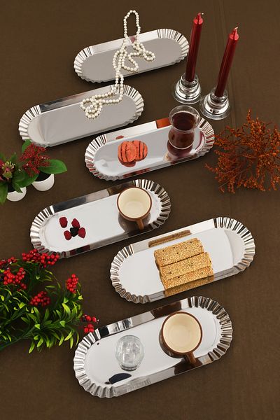 AKSESUAR EVRENİ Davin Decorative Stainless Oval Serrated Edges 6-Piece Presentation Tray