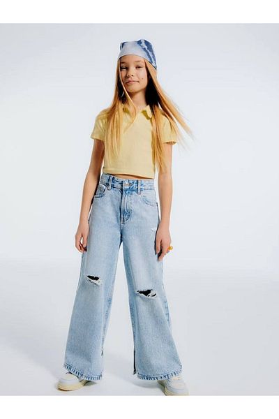 Kids Girl's Ripped Detailed Slim Fit Denim Jeans with Slit at the Leg