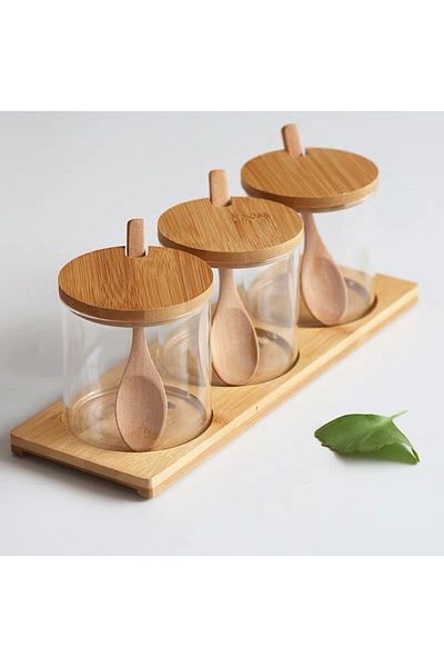 Generic 3-piece Glass Jars With Bamboo Lids And Wooden Spoon Brown/clear