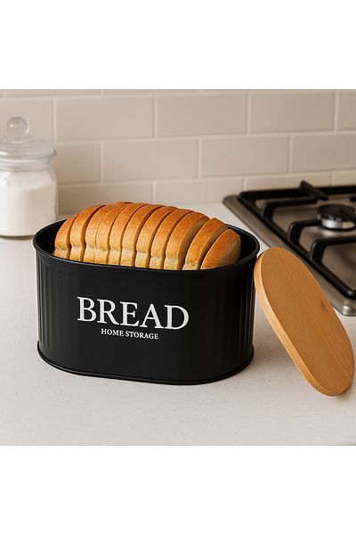 hemlife Metal Bread Bowl with Wooden Lid, Bread Box Black