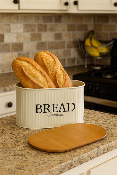 hemlife Metal Bread Bowl with Wooden Lid, Bread Box Cream