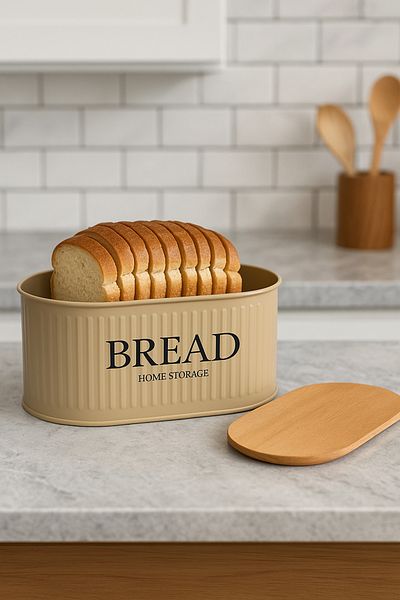 hemlife Metal Bread Bowl with Wooden Lid, Bread Box Brown