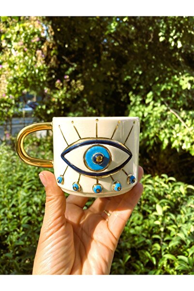 Monako Limited Edition Premium Quality Evil Eye and Handmade Mug with 24 Carat Gold Detail - 250 Ml, Evil Eye Mug, Handmade