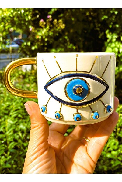 Monako Limited Edition Premium Quality Evil Eye and Handmade Mug with 24 Carat Gold Detail - 250 Ml, Evil Eye Mug, Handmade