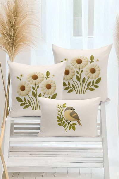 Bertille Home Set de 3 huse de pernă cu imprimare digitală pe două părți (aspect de broderie cu model de puncție)