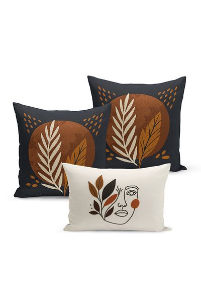 Bertille Home Set de 3 huse de pernă cu imprimare digitală pe două părți (aspect de broderie cu model de puncție)