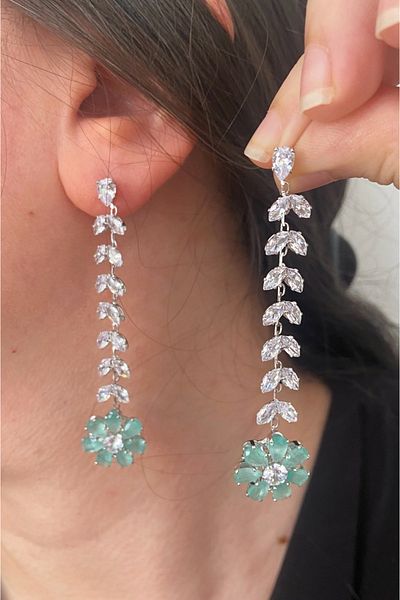 ER TAKI Silver Colored Green Stone Long Dangle Flower Stylish Party Engagement Henna Wedding Evening Dress Earrings