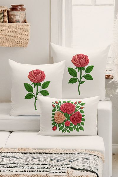 Bertille Home Set de 3 huse de pernă cu imprimare digitală pe două părți (aspect de broderie cu model de puncție)