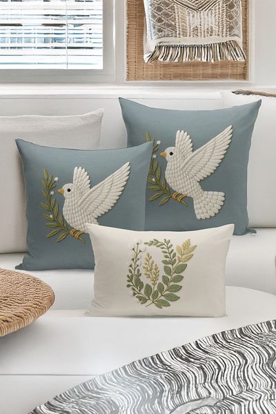 Bertille Home Set de 3 huse de pernă cu imprimare digitală pe două părți (aspect de broderie cu model de puncție)