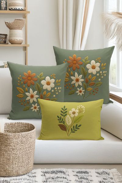 Bertille Home Set de 3 huse de pernă cu imprimare digitală pe două părți (aspect de broderie cu model de puncție)