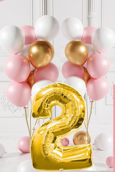 tedaks 2 Year Old Retro Gold Pink White Balloon Set Birthday Balloon with Gold Numbers Stylish Party Ornament