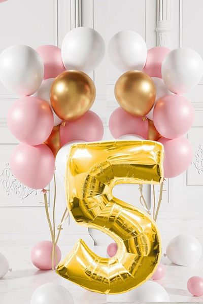 tedaks 5 Years Retro Gold Pink White Balloon Set Birthday Balloon with Gold Numbers Stylish Party Ornament