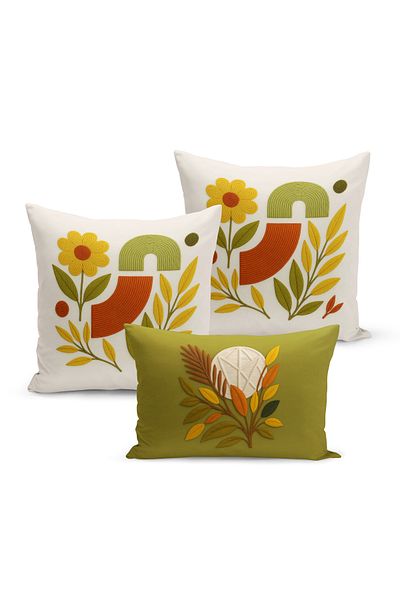 Bertille Home Set de 3 huse de pernă cu imprimare digitală pe două părți (aspect de broderie cu model de puncție)