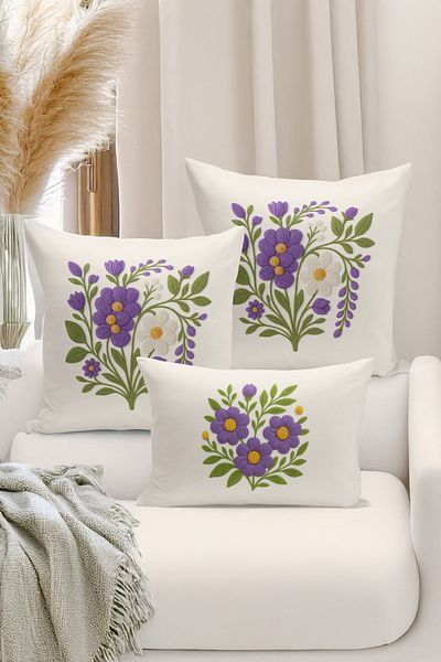 Bertille Home Set de 3 huse de pernă cu imprimare digitală pe două părți (aspect de broderie cu model de puncție)