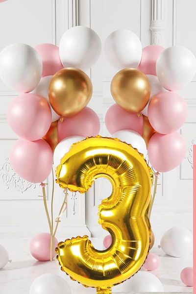 tedaks 3 Year Old Retro Gold Pink White Balloon Set Birthday Balloon with Gold Numbers Stylish Party Ornament