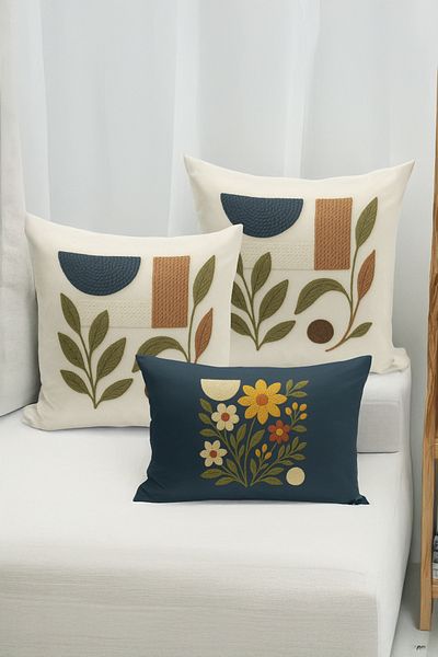 Bertille Home Set de 3 huse de pernă cu imprimare digitală pe două părți (aspect de broderie cu model de puncție)