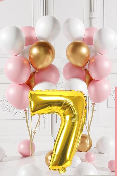 tedaks 7 Year Old Retro Gold Pink White Balloon Set Birthday Balloon with Gold Numbers Stylish Party Ornament