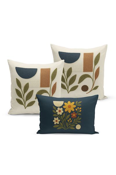 Bertille Home Set de 3 huse de pernă cu imprimare digitală pe două părți (aspect de broderie cu model de puncție)