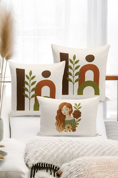 Bertille Home Set de 3 huse de pernă cu imprimare digitală pe două părți (aspect de broderie cu model de puncție)