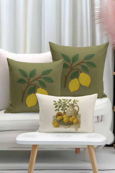 Bertille Home Set de 3 huse de pernă cu imprimare digitală pe două părți (aspect de broderie cu model de puncție)