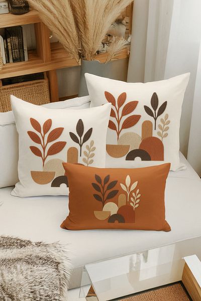 Bertille Home Set de 3 huse de pernă cu imprimare digitală pe două părți (aspect de broderie cu model de puncție)